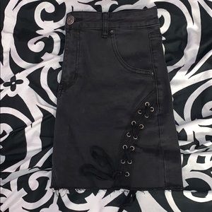 BLACK JEAN SKIRT WITH CRISS CROSS DETAIL